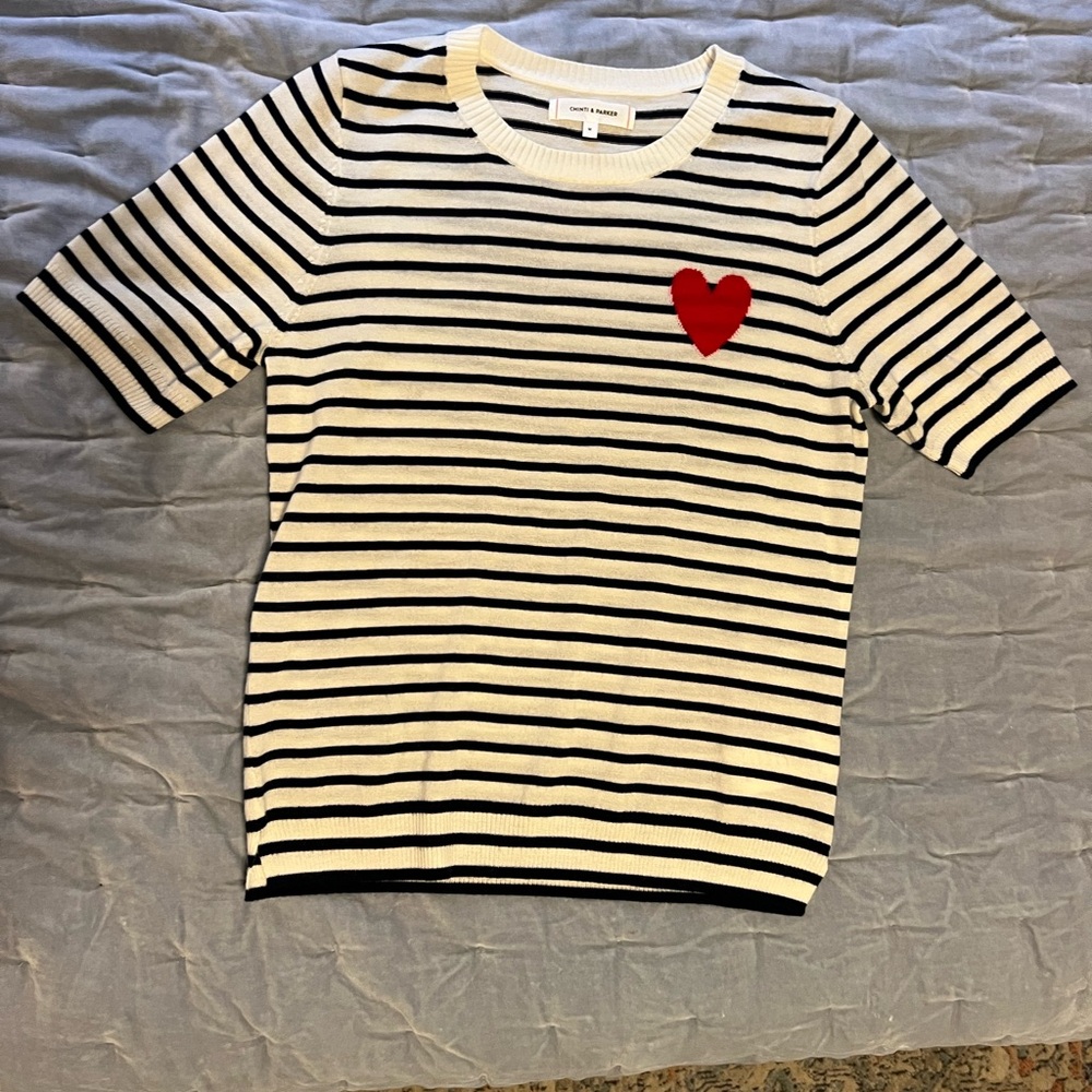 Chinti & Parker Black and White Striped 100 Merino wool Tee with Red heart